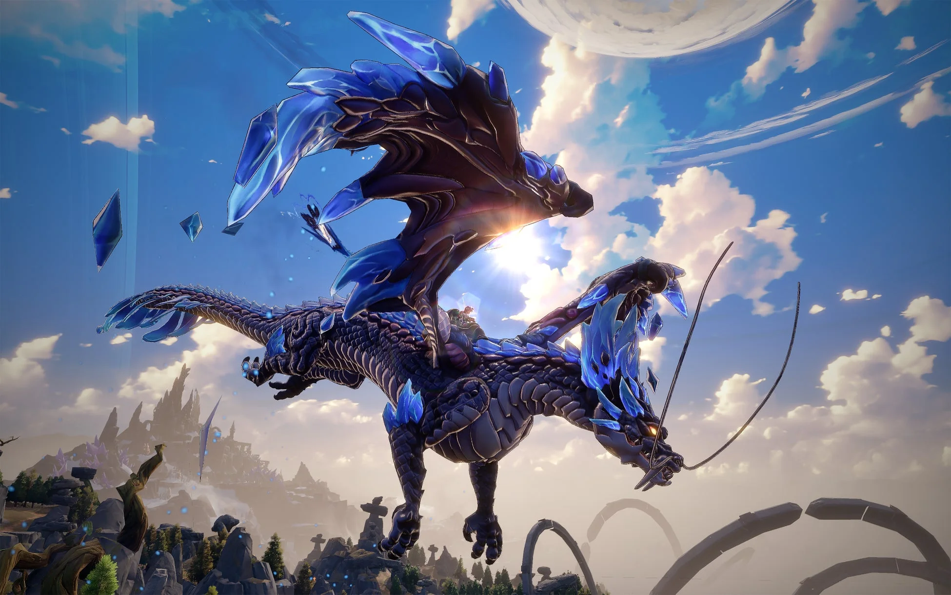 青いクリスタルをまとった巨大なドラゴンが、空を飛翔しているファンタジーアート