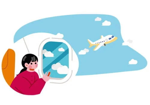飛行機の窓から外を眺める女性のイラスト