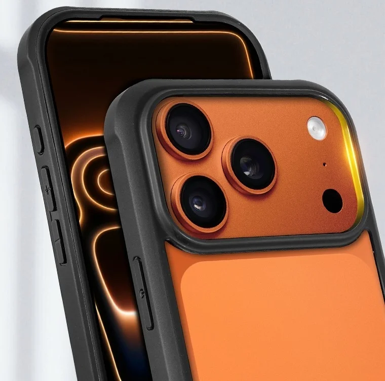 オレンジ色の背面と黒い保護ケースに収まったスマートフォンのクローズアップ画像です