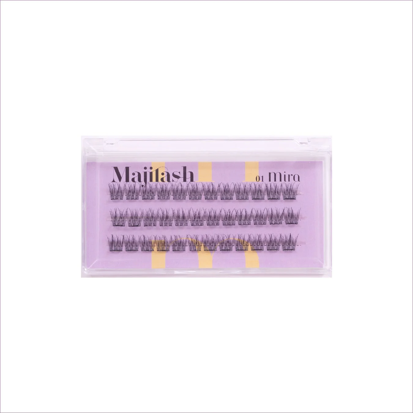 透明なケースに入った、個別のつけまつげが整然と並べられています。パープルの背景に「Majilash 01 Mira」の文字が見えます。