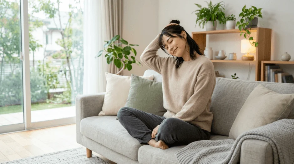 リビングでストレッチをする女性
