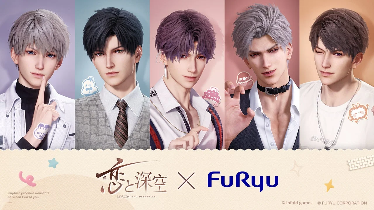 人気ゲーム『恋と深空』に登場する5人の男性キャラクターが描かれたプロモーション画像。FuRyuとのコラボレーションを示しており、各キャラクターの個性的なビジュアルが魅力的に表現されている。