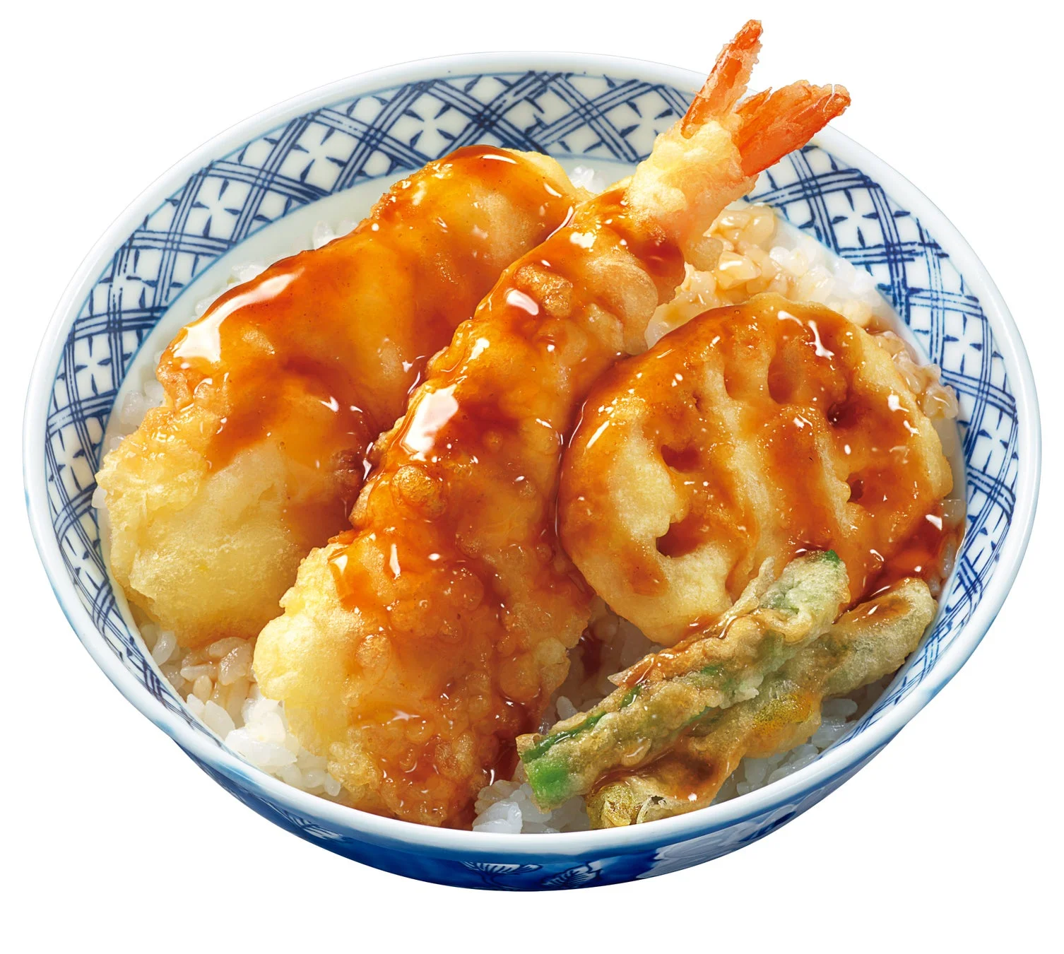 天ぷらが盛り付けられた天丼の様子