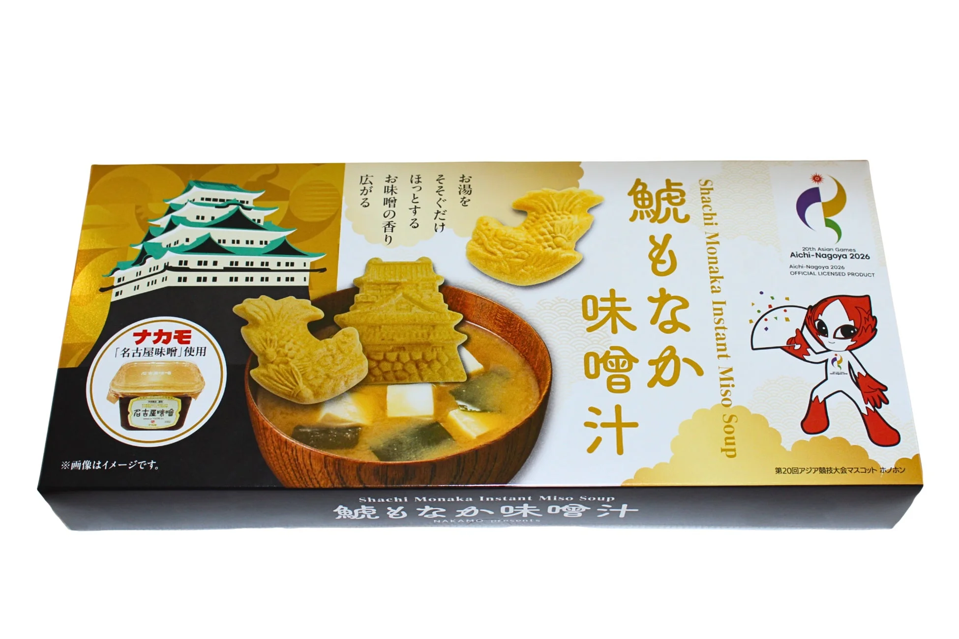 名古屋城と金シャチをかたどった最中入り即席みそ汁のパッケージ