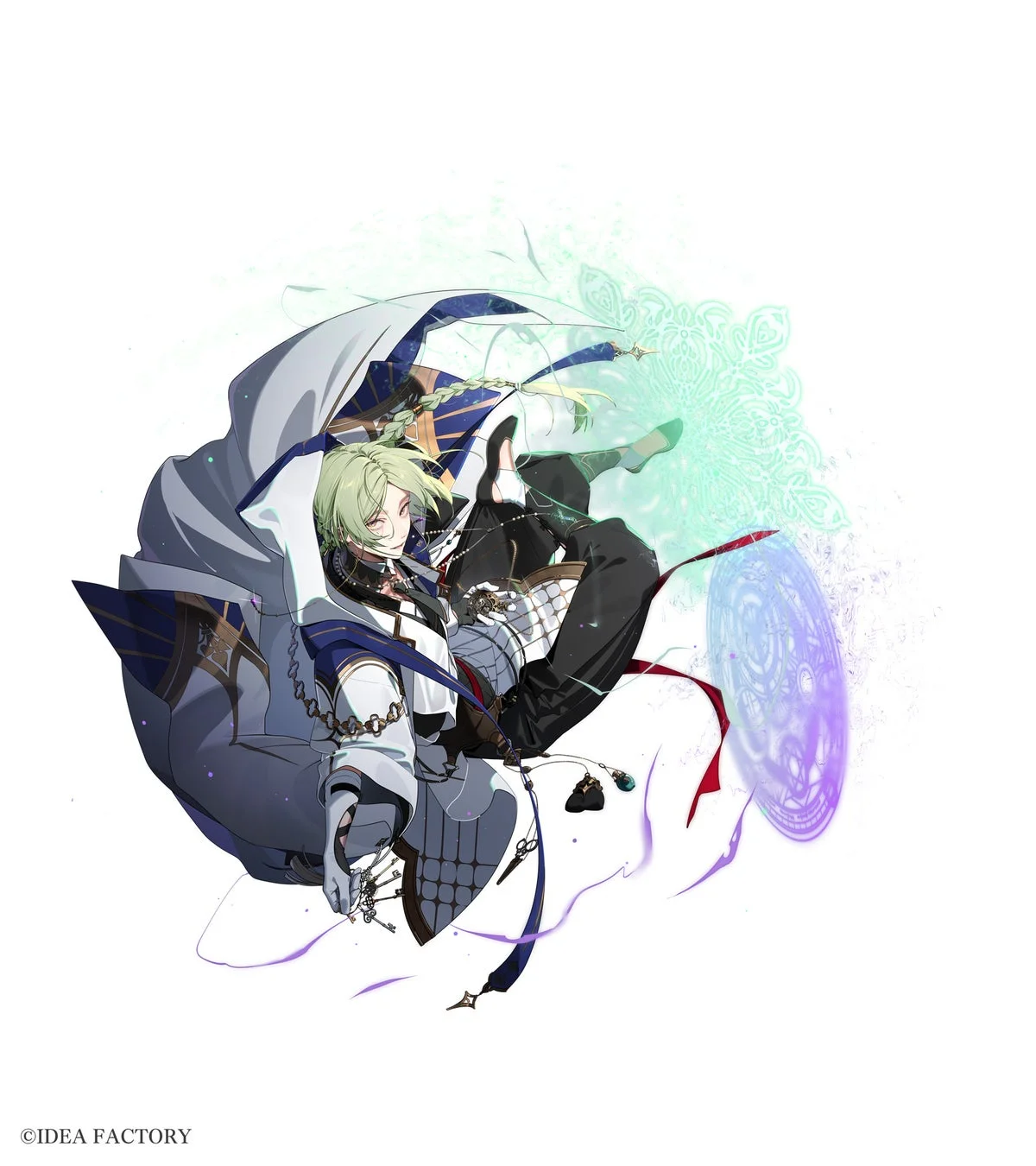 幻想的な衣装をまとった金髪の美男子が、魔法のエフェクトと共に浮遊するアニメイラストです。片手には複数の鍵を持ち、神秘的な雰囲気を醸し出しています。