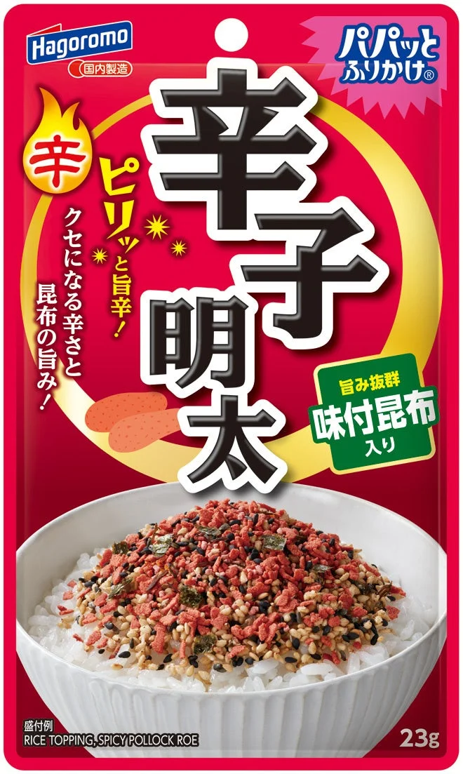 ハゴロモの辛子明太ふりかけのパッケージ画像です。ご飯にふりかけがたっぷりかけられた盛り付け例が示されており、ピリッと旨辛で昆布の旨みが効いた商品であることがわかります。内容量は23gです。