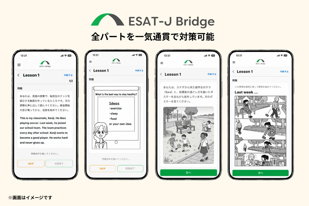 ESAT-J Bridgeの全パート対策画面。音読、健康に関するアイデア出し、放課後の過ごし方に関する会話など、様々な英語学習コンテンツが提供されている。