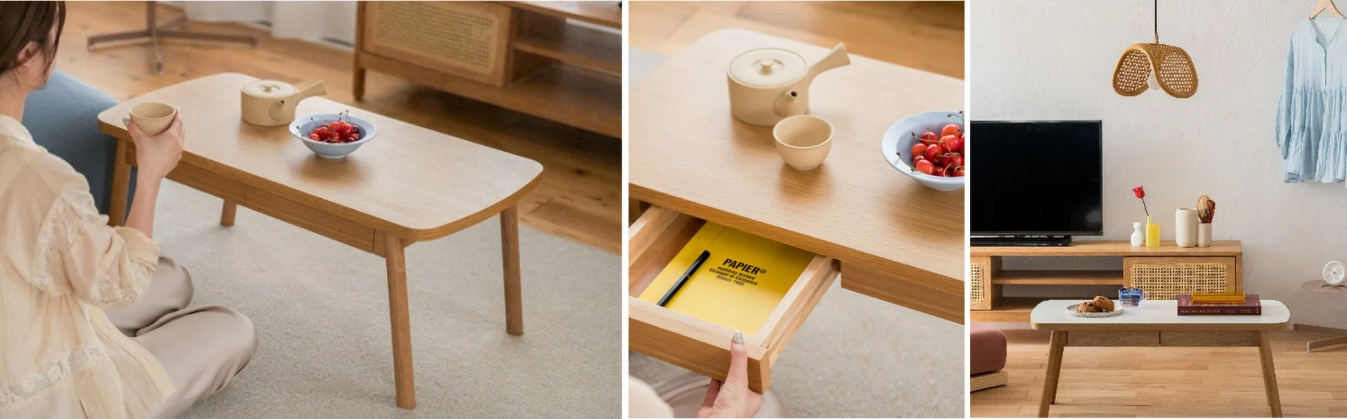 木製コーヒーテーブルを中心に、リビングルームの温かい雰囲気を捉えた画像。テーブルには引き出しがあり、お茶とサクランボが置かれている。モダンで居心地の良い空間が表現されている。