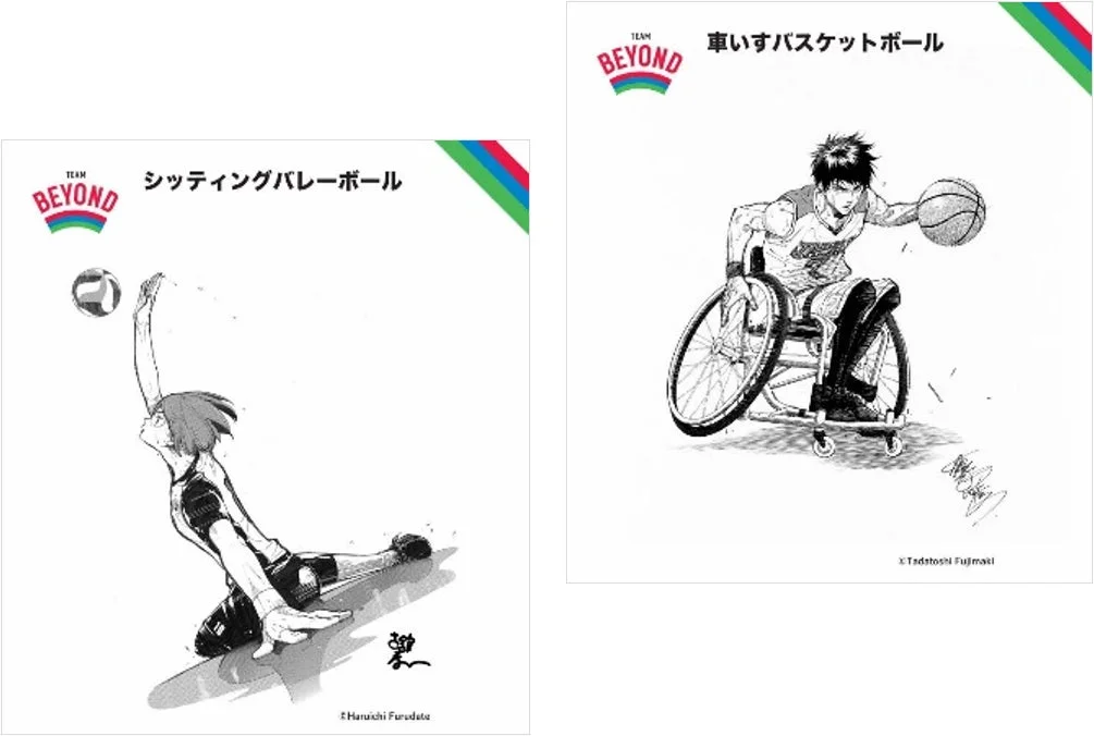 シッティングバレーボールと車いすバスケットボールの漫画絵パネル