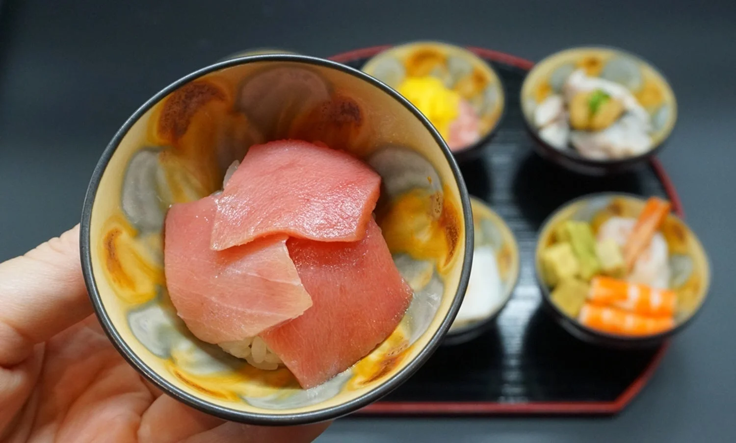 手持ちのマグロ姫丼と複数のミニ丼