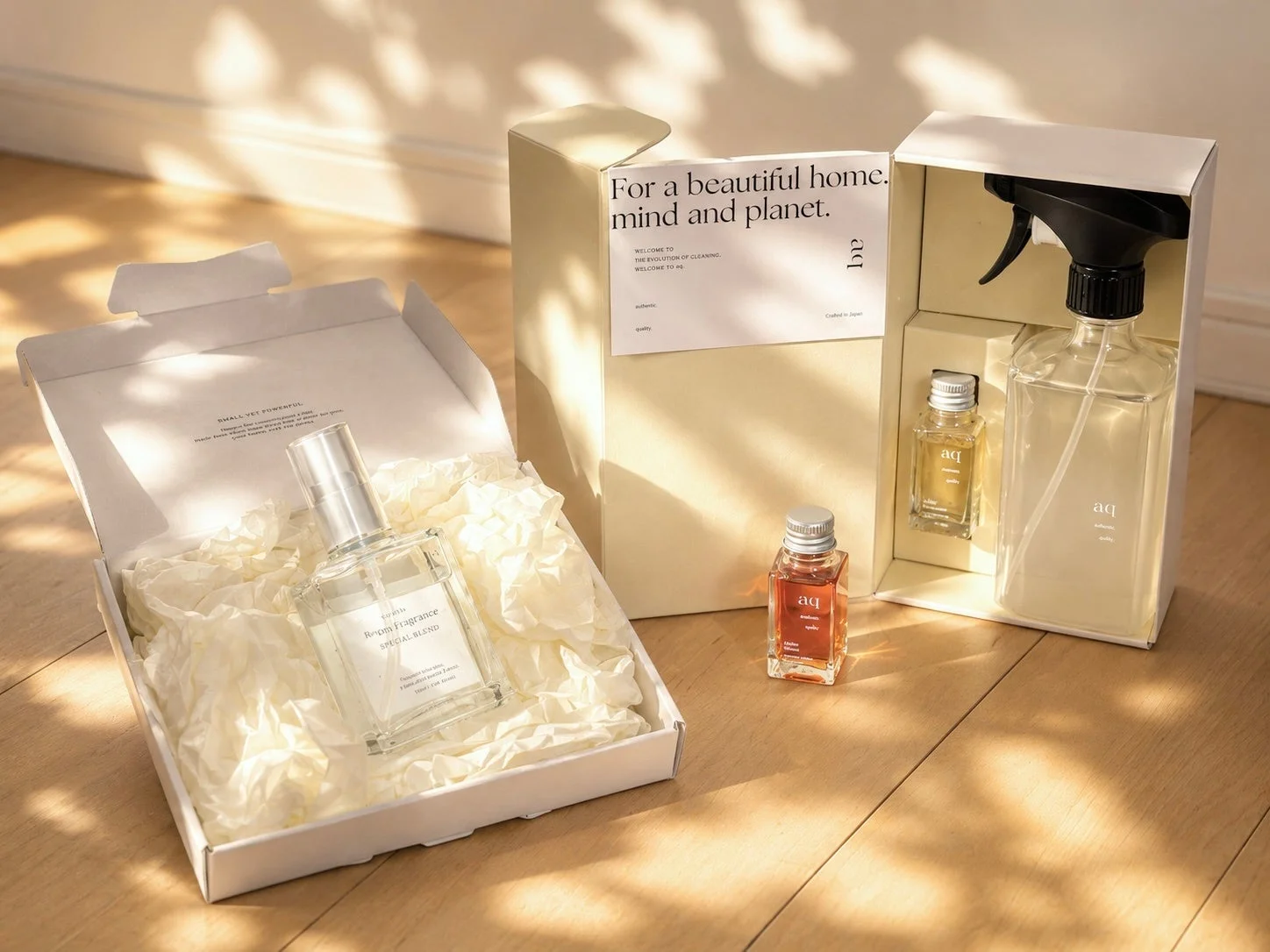 SMALL YET POWERFUL. ROOM FRAGRANCE SPECIAL BLEND For a beautiful home. mind and planet. WELCOME TO THE EVOLUTION OF CLEANING. WELCOME TO aq. authentic quality Crafted in Japan aq