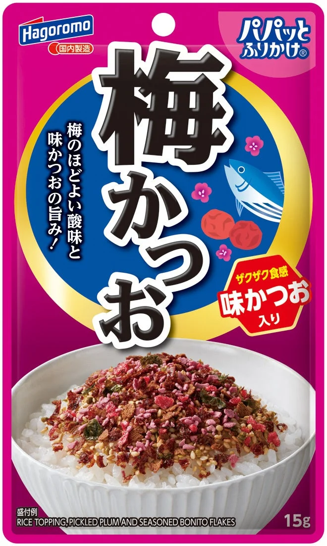羽衣フーズの「梅かつお」ふりかけ。梅のほどよい酸味と味付けされたかつおの旨みが特徴で、ザクザクとした食感が楽しめます。ご飯にかけて手軽に和食の味わいをプラスできます。