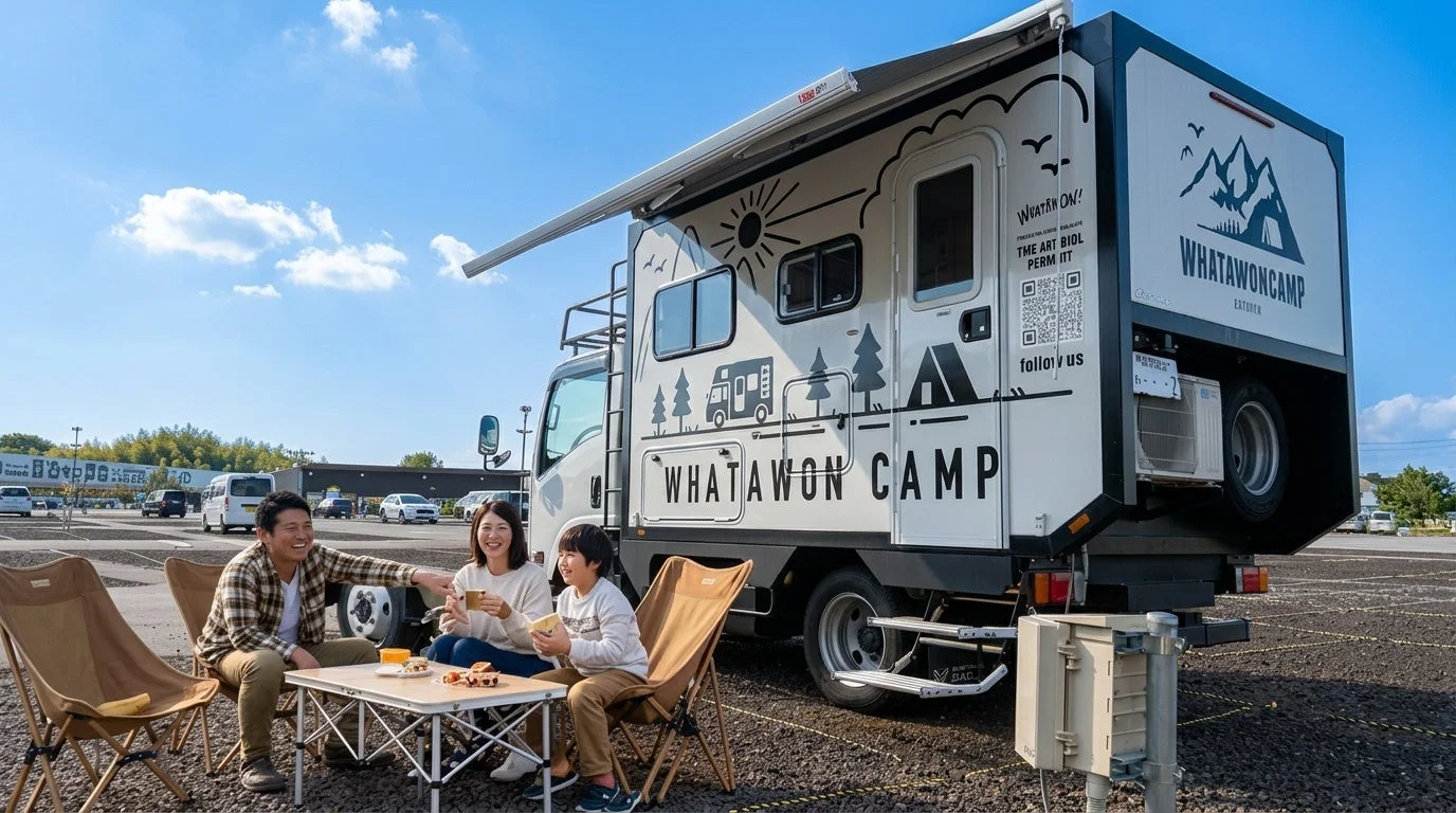家族でキャンピングカーの横でピクニックを楽しむ様子