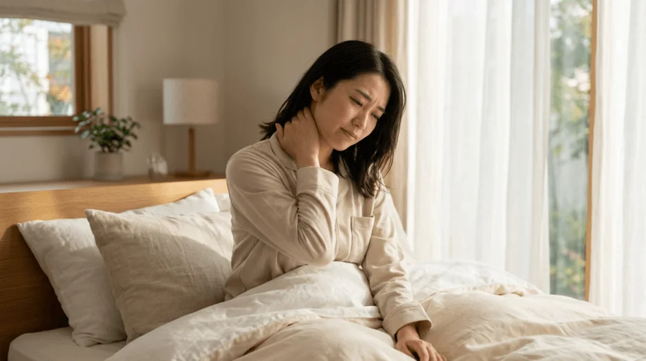 首を押さえる女性