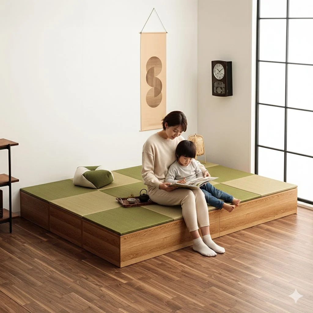 和室の小上がりに座り、母親が子供に本を読み聞かせている穏やかな日常の風景。モダンな和風インテリアのリビングで、親子がリラックスした時間を過ごしています。