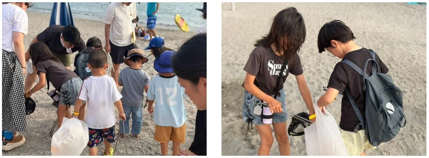 砂浜で大人と子供たちが協力してごみ拾いをするビーチクリーン活動の様子