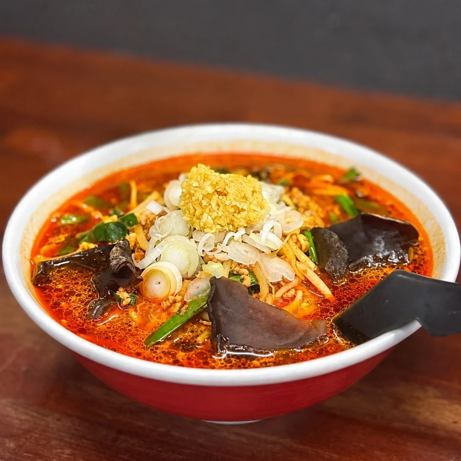 赤いスープが特徴的なラーメンのクローズアップ写真
