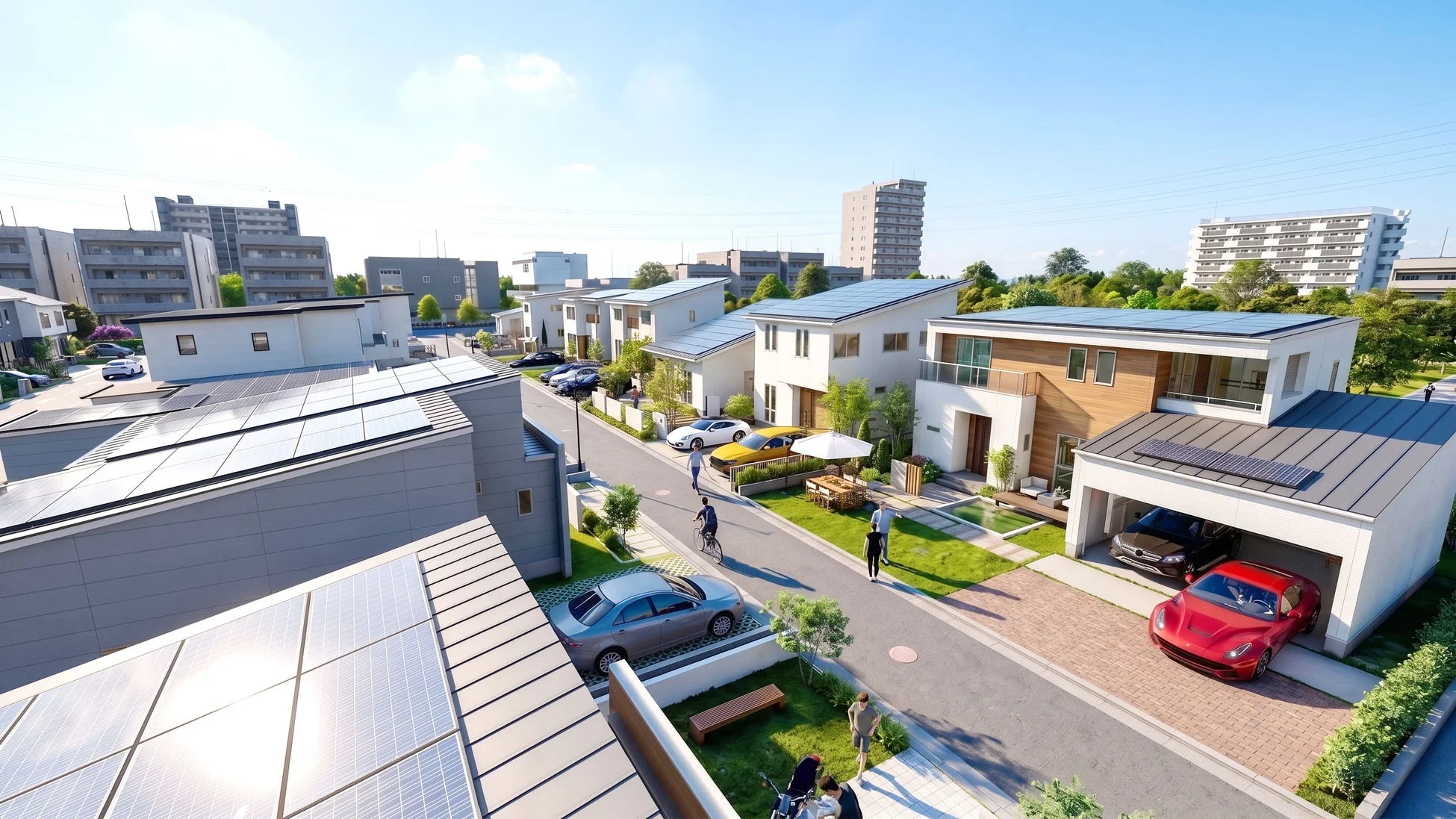 太陽光パネルを設置した現代的なデザインの戸建て住宅が並ぶ住宅街