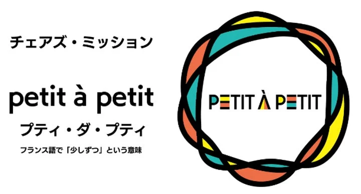「petit à petit」というブランド名とその日本語表記、フランス語での意味「少しずつ」が示されています