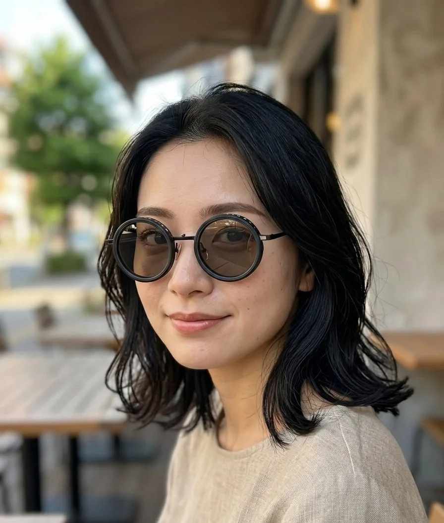 丸いサングラスをかけたショートヘアの若い女性