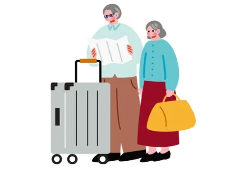 旅行に出かける準備をしている様子の高齢者夫婦のイラスト