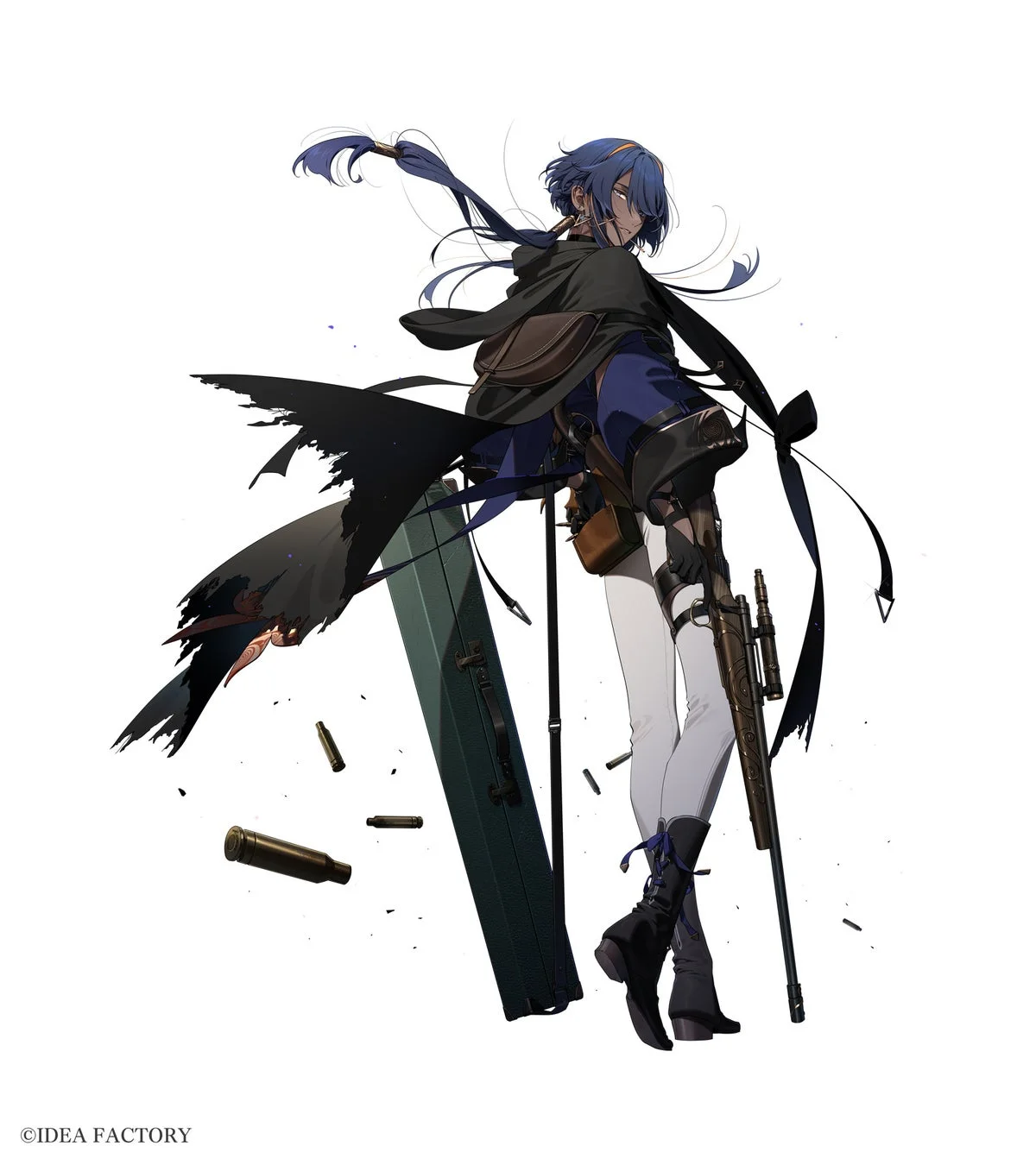 青い髪の女性キャラクターがスナイパーライフルとガンケースを持ち、黒いコートと白いズボンを着用しています。背景は白で、弾丸が散らばっており、クールで戦闘的な雰囲気のアートワークです。