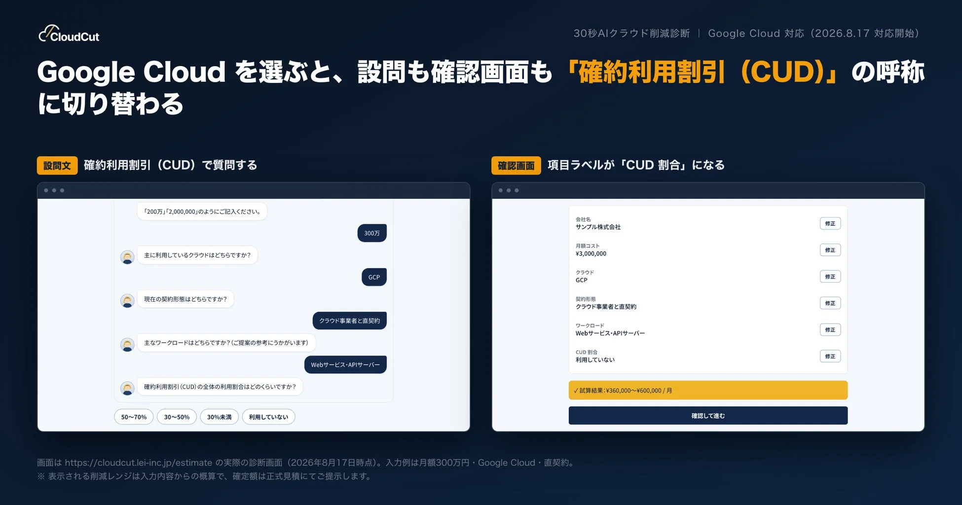Google Cloudに対応した30秒AIクラウド削減診断の画面例