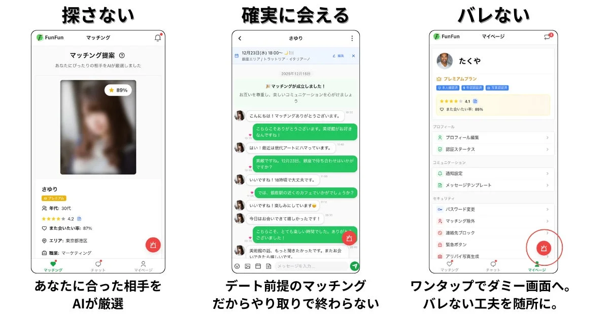 デーティングアプリ「FunFun」の3つの特徴を紹介するUI画像。