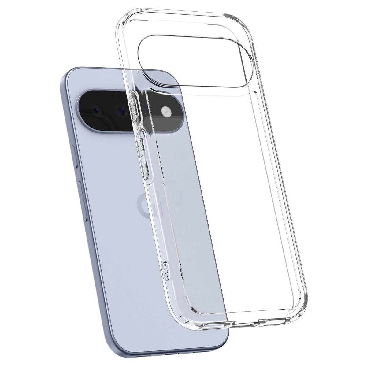 淡い青色のスマートフォンと、それに装着する透明な保護ケースが写っています。ケースはスマートフォンの上部に重ねられており、装着前後の状態を示唆しています。カメラ部分やサイドボタンの形状に合わせてデザインされたクリアケースのディテールが確認できます。