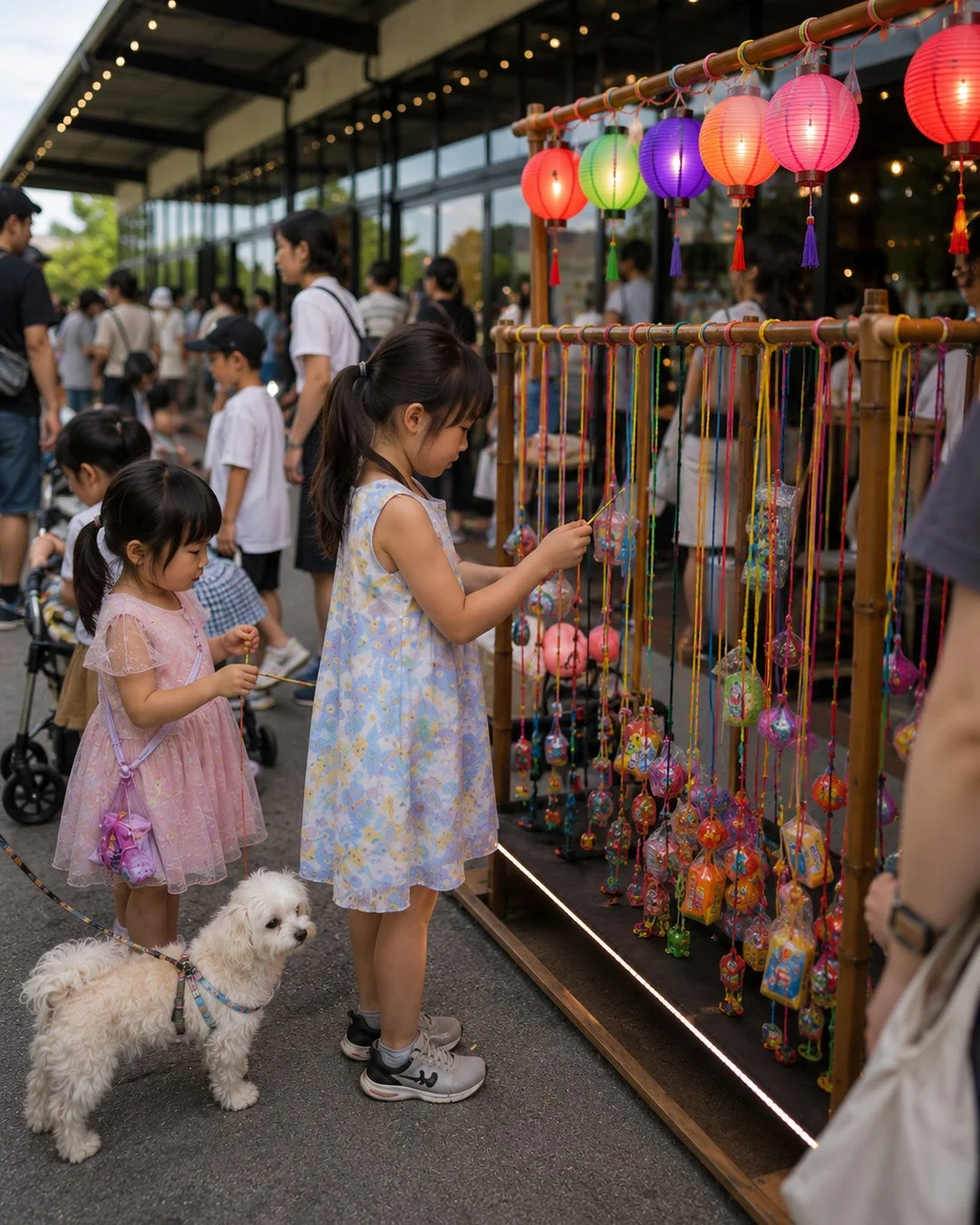 屋外のイベント会場で、2人の幼い女の子と白い犬がカラフルな提灯や吊るし飾りの屋台を眺めています。