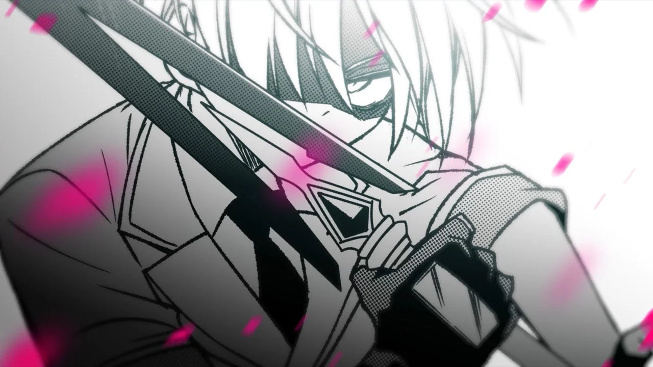 漫画風イラストで、鋭い眼差しのキャラクターが大きな剣を構えている。背景にはピンク色の光の粒子が舞い、クールで神秘的な雰囲気を醸し出している。