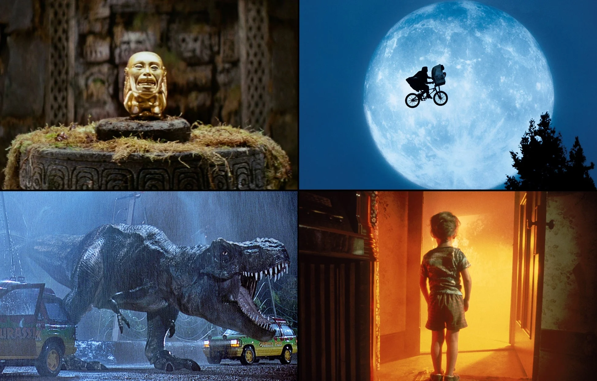 映画作品の象徴的なシーンのコラージュ - インディ・ジョーンズ、E.T.、ジュラシック・パーク