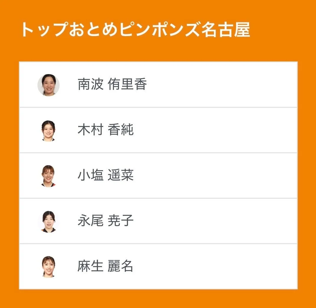 トップおとめピンポンズ名古屋 選手リスト