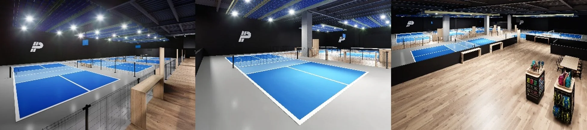 広々としたモダンな屋内スポーツ施設で、複数の青いコートが設置されており、明るい照明が特徴です。一部には商品の陳列棚も見られます。