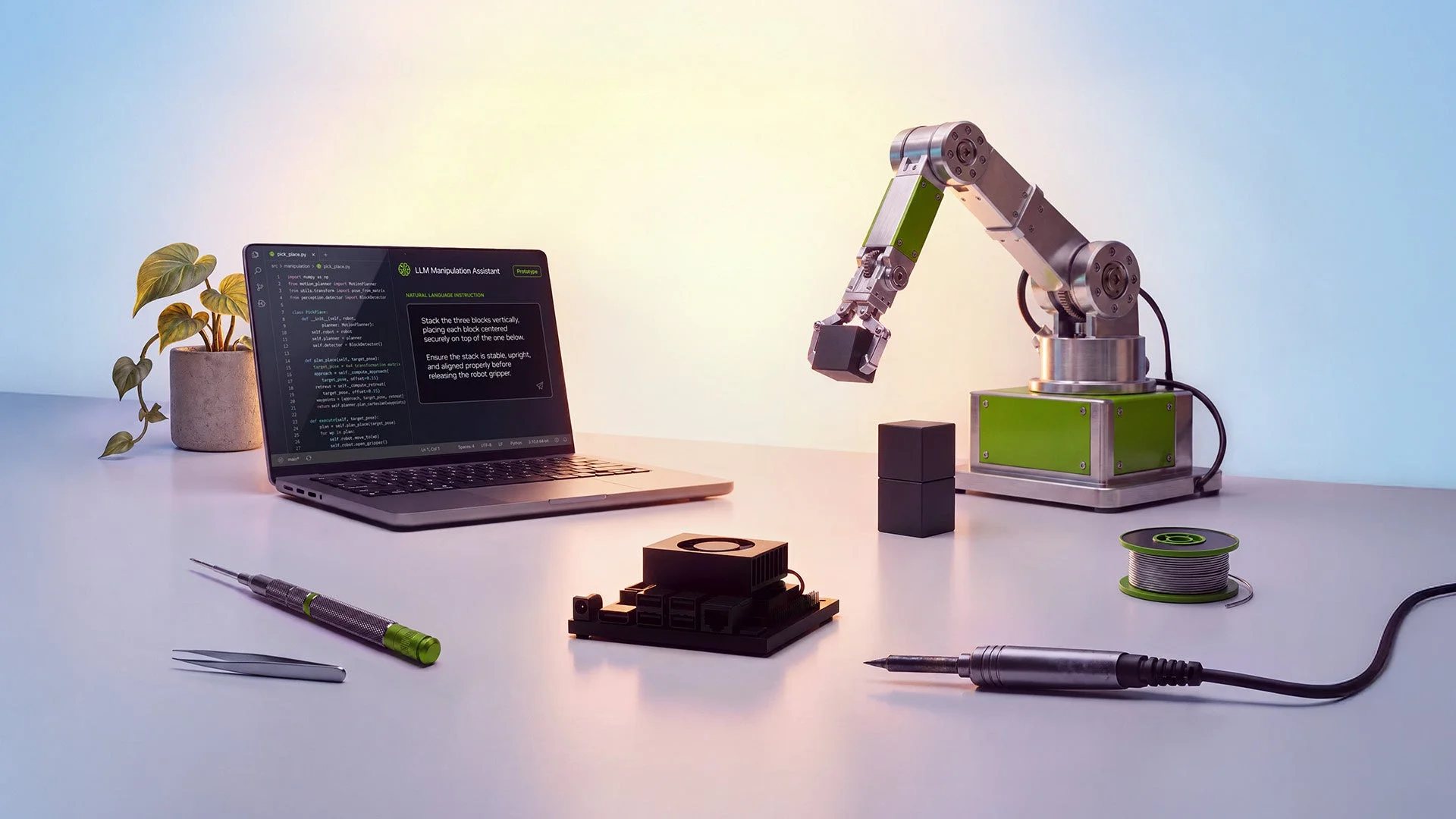 ロボットアームがブロックを積み重ねる様子