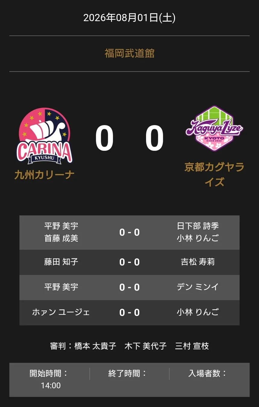 2026年8月1日に福岡武道館で開催される九州カリーナ対京都カグヤライズのスポーツ試合のスコアボード。各対戦は0-0で進行しており、開始時間や審判団の情報も記載されています。