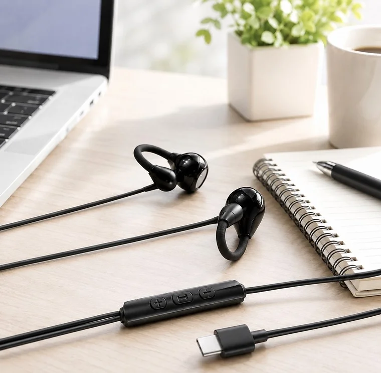 イヤホン,有線イヤホン,USB-C,デスク,ノートパソコン,オフィス,テレワーク,ガジェット,電子機器,音響機器