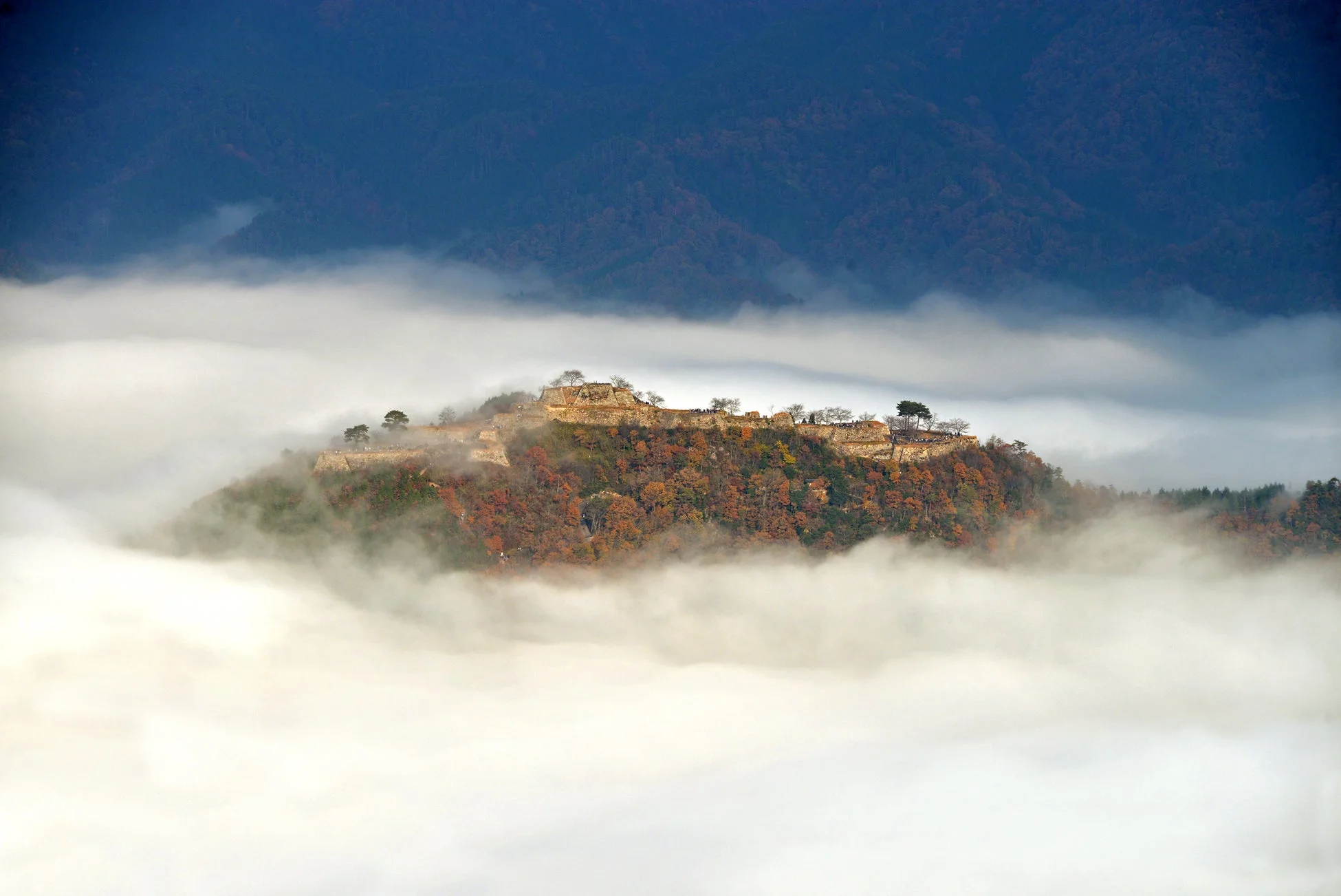 雲海に浮かぶ山城の石垣と、その周囲を彩る紅葉が美しい絶景です。まるで天空の城のような幻想的な光景が広がっています。