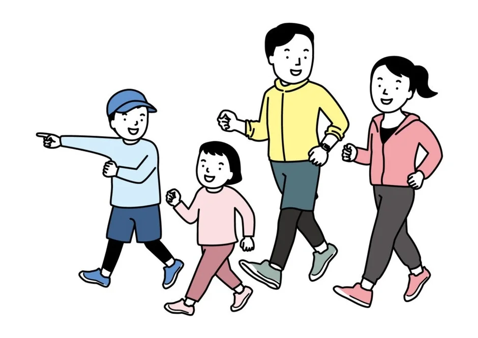 笑顔の家族4人が楽しそうにウォーキングや散歩をしているイラスト