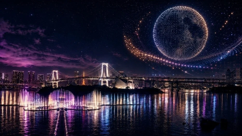 夜景に浮かぶ噴水とドローンショー