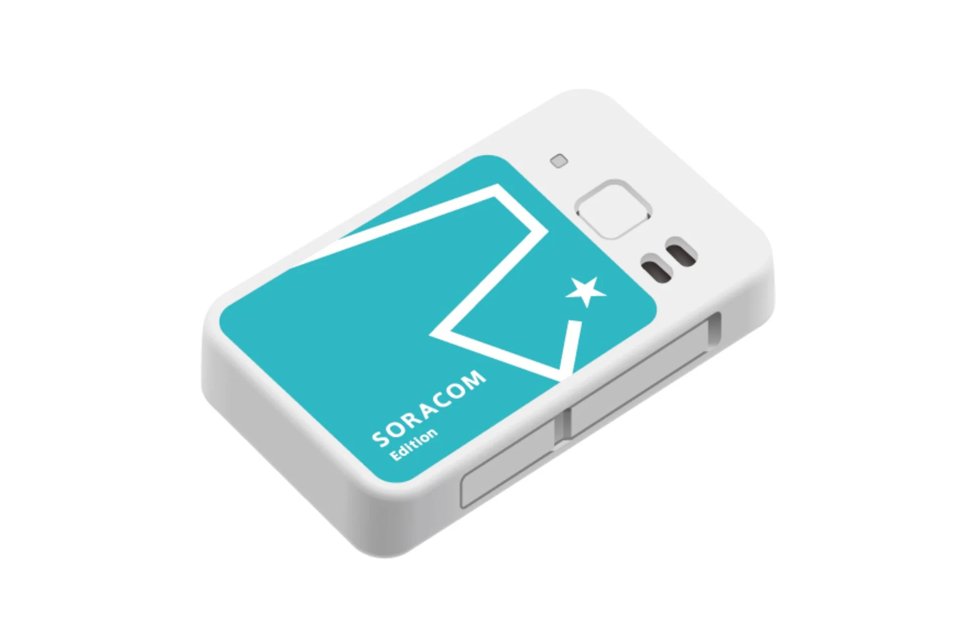 白を基調としたコンパクトな電子デバイスで、上部の水色の面に「SORACOM Edition」の文字と幾何学模様がデザインされています。IoT通信モジュールやゲートウェイのような製品と推測されます。