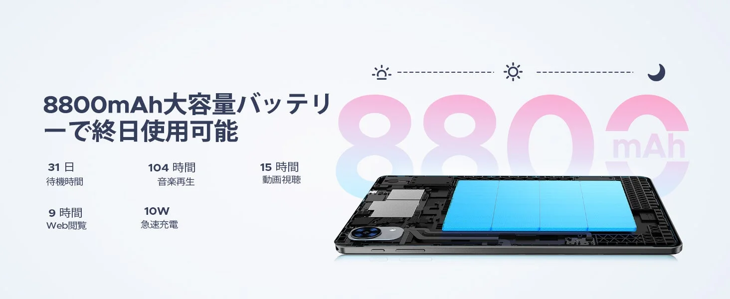 8800mAh大容量バッテリーで終日使用可能