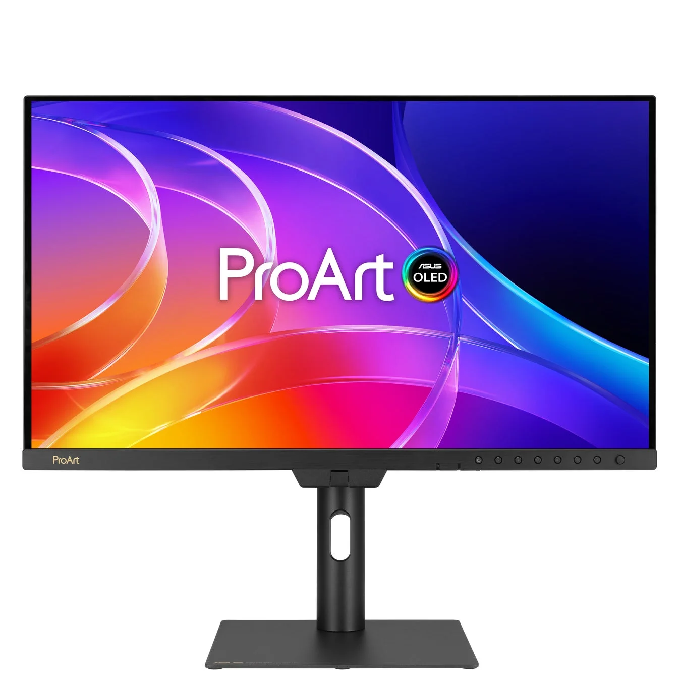 ASUS ProArtシリーズのOLEDモニターが写っています。カラフルな抽象的なデザイン
