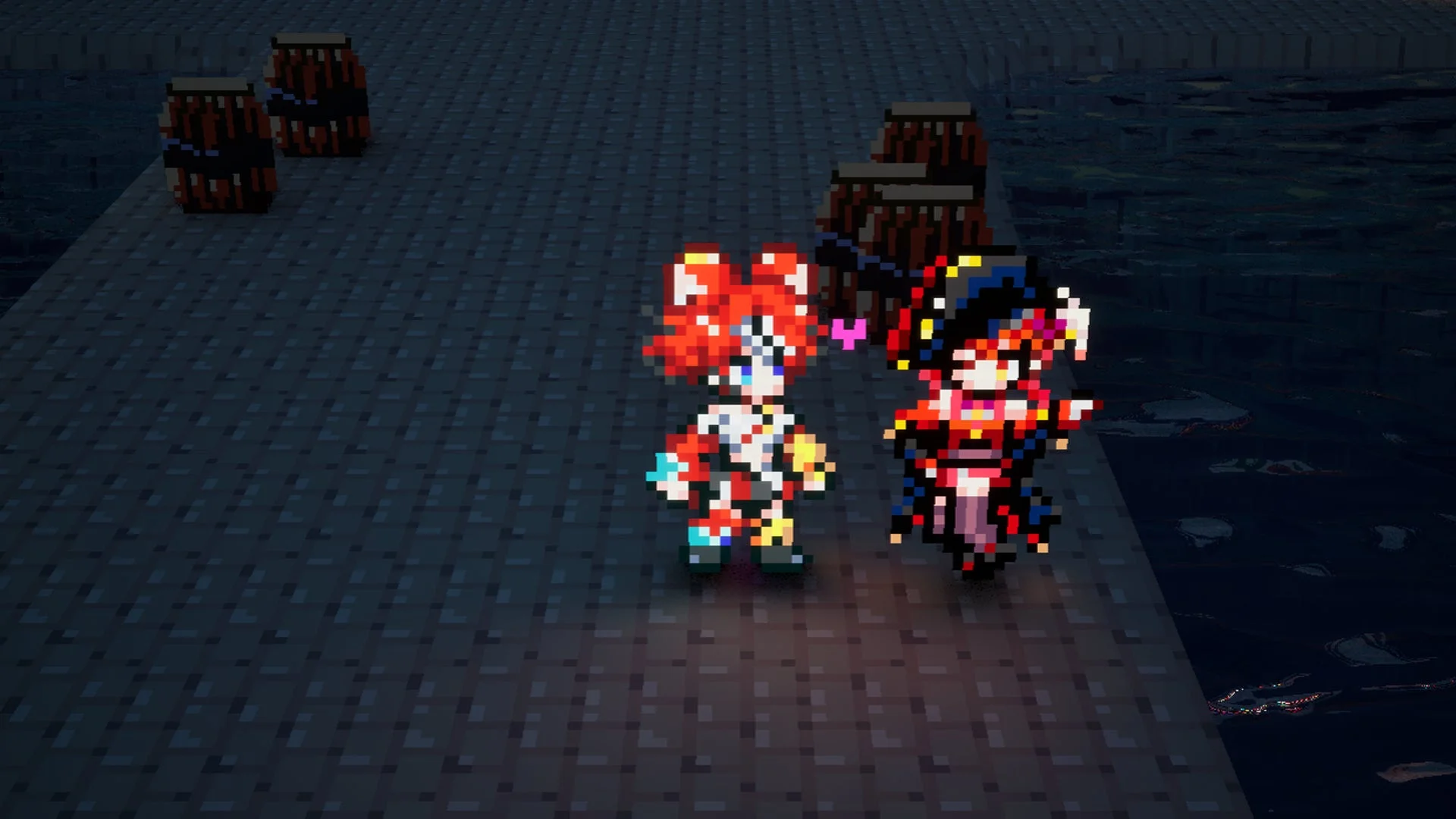 桟橋に立つ2人のピクセルアートキャラクター