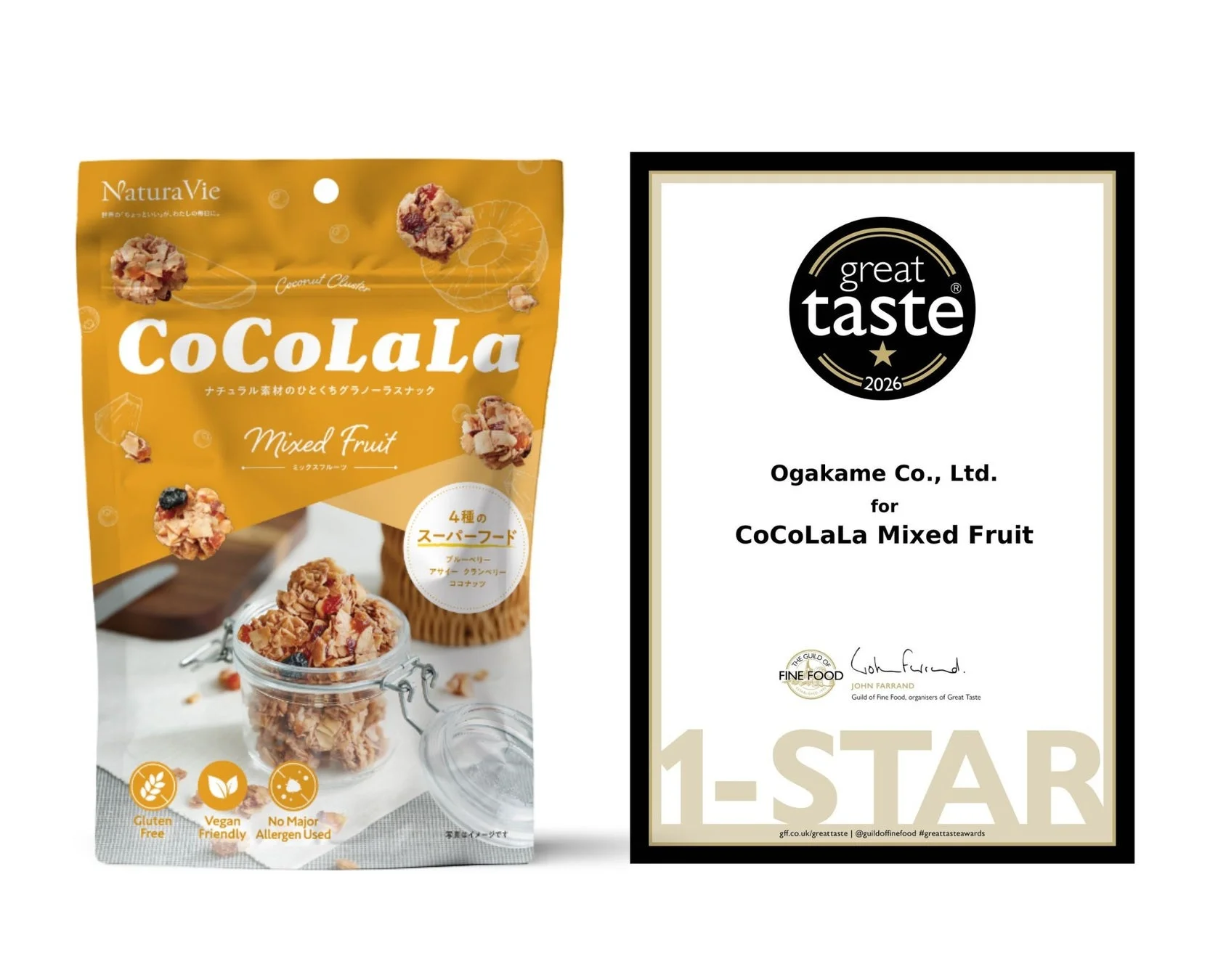 NaturaVieの「CoCoLaLa Mixed Fruit」グラノーラスナックのパッケージと、それが「great taste 2026」で1つ星を獲得したことを示す証明書が写っています。