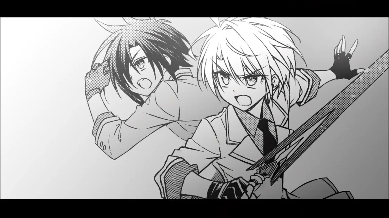 剣を構えた金髪の少年と、その背後に立つ黒髪の少年が描かれたモノクロイラスト