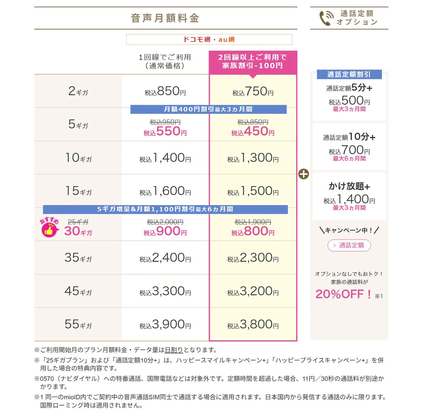 携帯電話の音声通話とデータ通信の月額料金プラン表。データ容量ごとの料金、家族割引、期間限定割引、通話定額オプションなどが示されており、キャンペーン情報も含まれています。