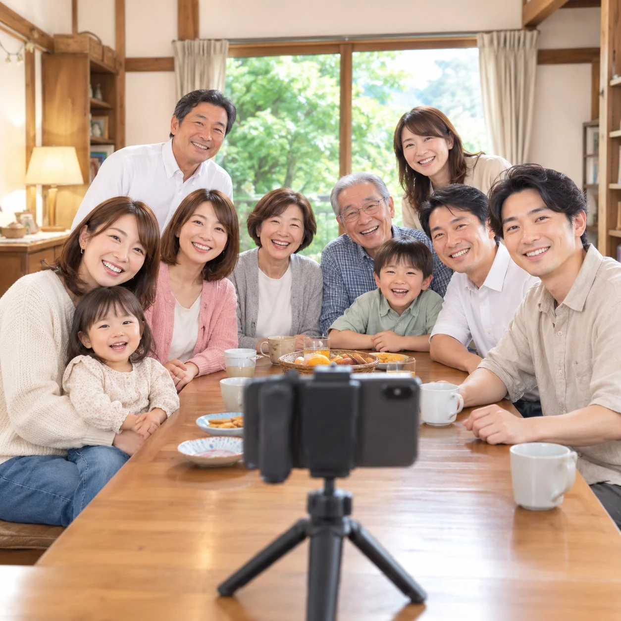多世代の家族がダイニングテーブルに集まり、スマートフォン越しに記念撮影をしている様子