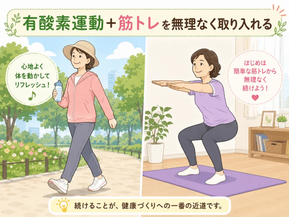 有酸素運動と筋力トレーニングを無理なく生活に取り入れることを推奨するイラスト