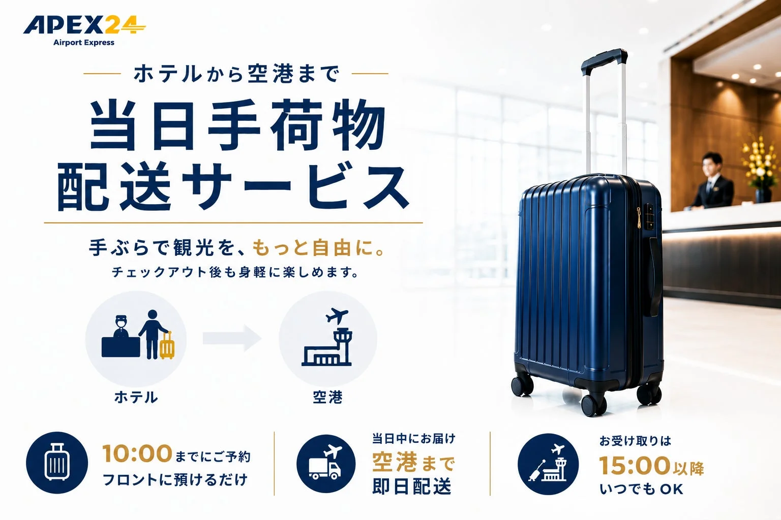ホテルから空港へ当日中に手荷物を配送するサービス「APEX24 Airport Express」の広告。10時までにホテルに預ければ、15時以降に空港で受け取れるため、手ぶらで観光を楽しめる。